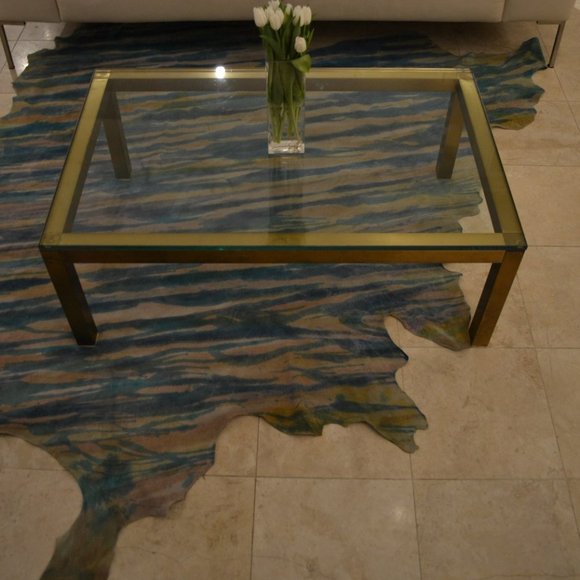 Cowhide Leather Rug Blue beige White Striped dyed - Picture 5 of 5